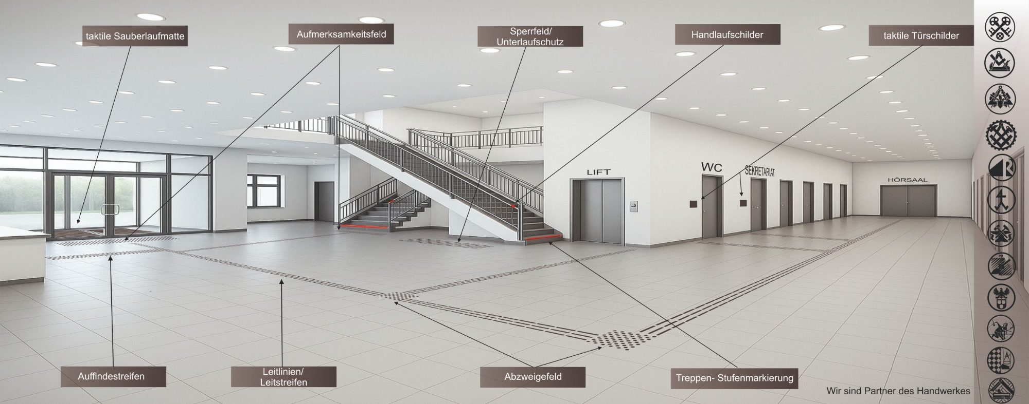 Taktile Blindenleitsysteme – Bodenindikatoren für barrierefreie Orientierung im Innenbereich Foyer mit taktilem Blindenleitsystem nach DIN 32984: Leitstreifen, Noppenfelder, Abzweigefeld und Treppenmarkierung.